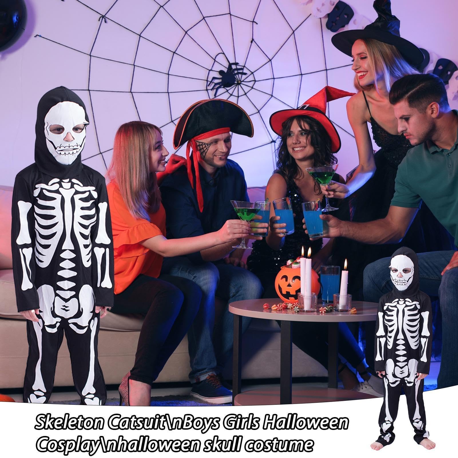 Dziecięce przebranie szkieletu miękki i oddychający strój kości z maską | Strój szkieletowy kostium na Halloween kombinezon z kości dla chłopców i dziewcząt rola maskarada pokaz impreza