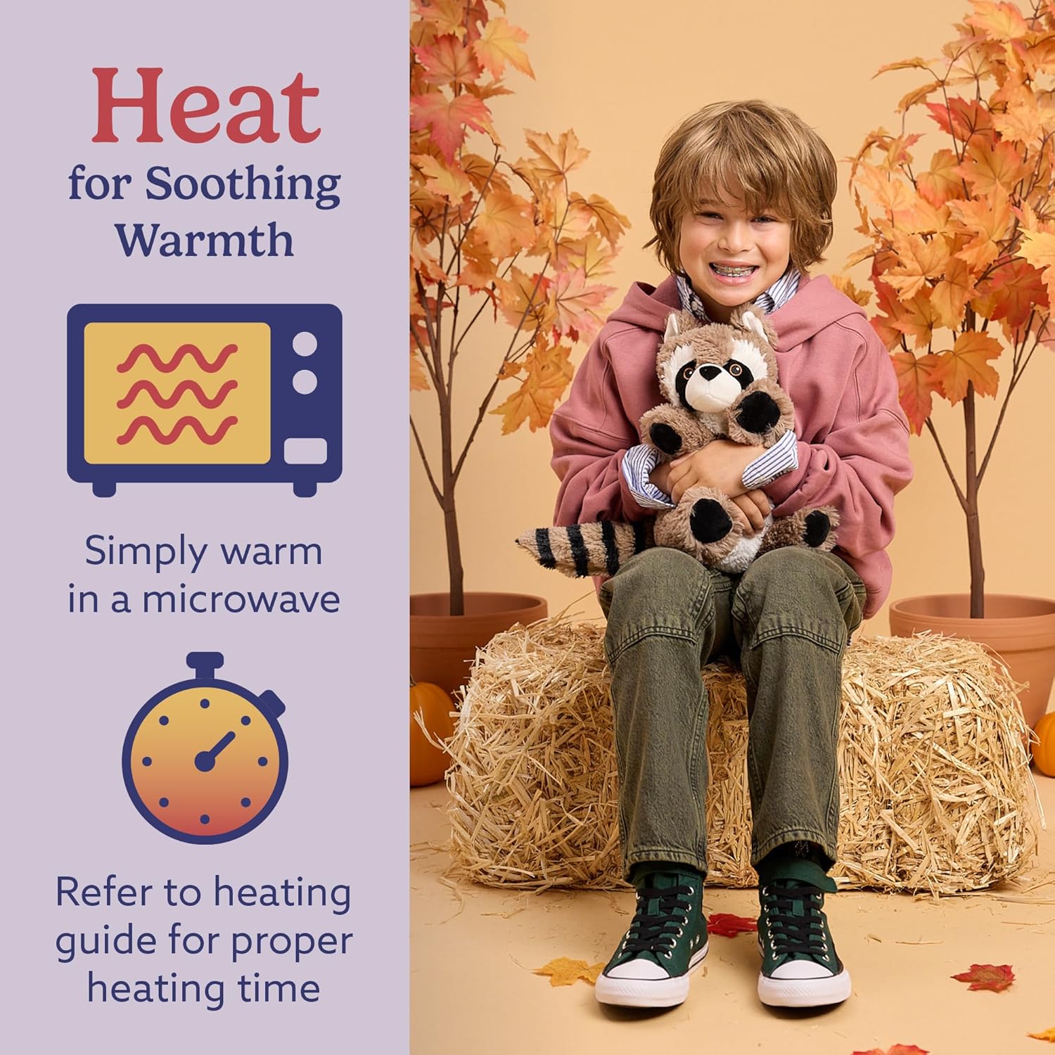 warmies Junior Microwavable & Weighted Stuffed Animals, Racoon - Heated Stuffed Animal Plushie for Warmth & Comfort - Cute Soft Plush Toys for Adults & Children (Boys, Girls, Babies & Toddlers)
