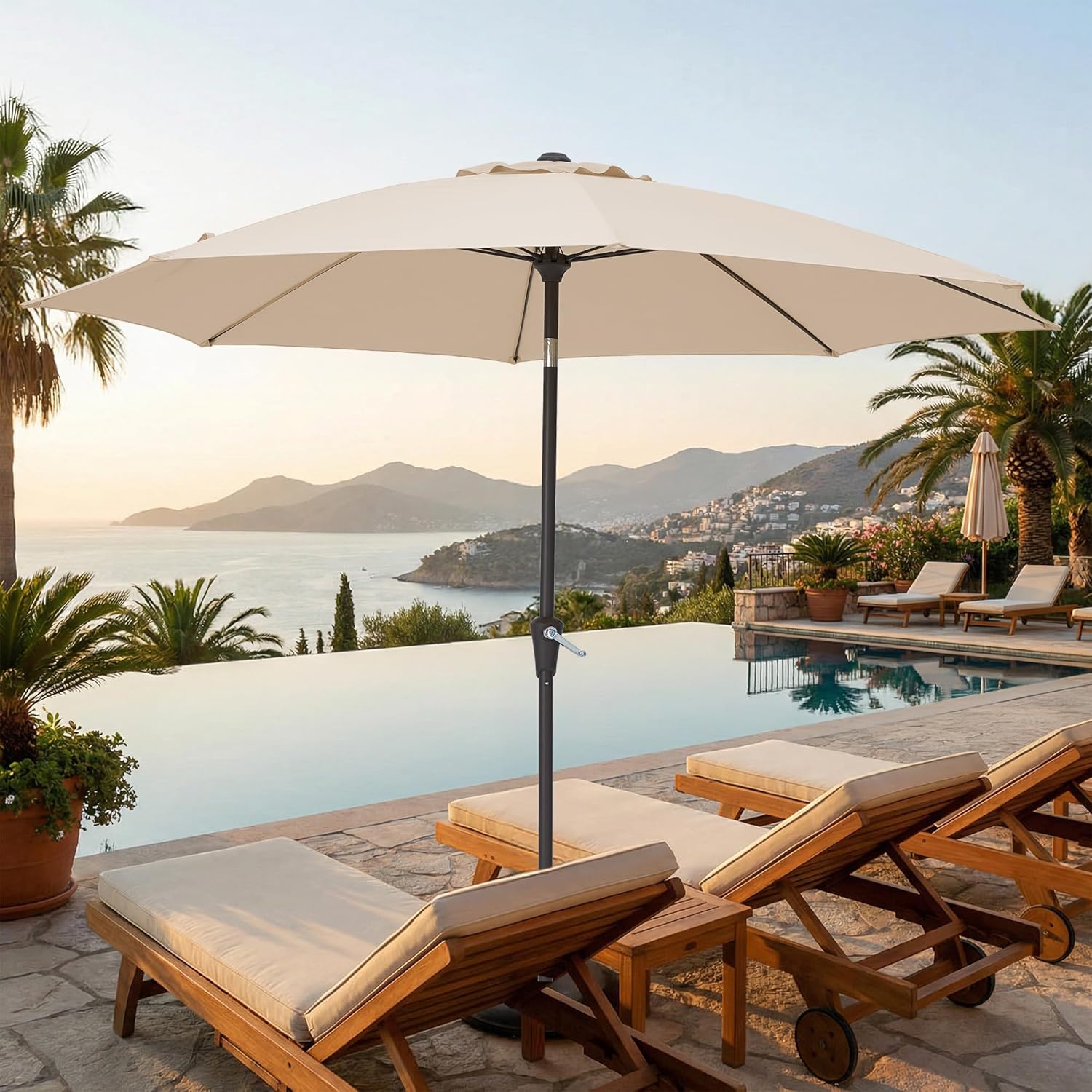 JEAREY 9FT Outdoor Patio Umbrella,Market Table Umbrella with 8 Fiberglass Ribs, Pool Umbrella with Tilt and Crank, UV Protection Lightweight & Wind-Resistant for Lawn, Garden, Deck and Backyard, Beige