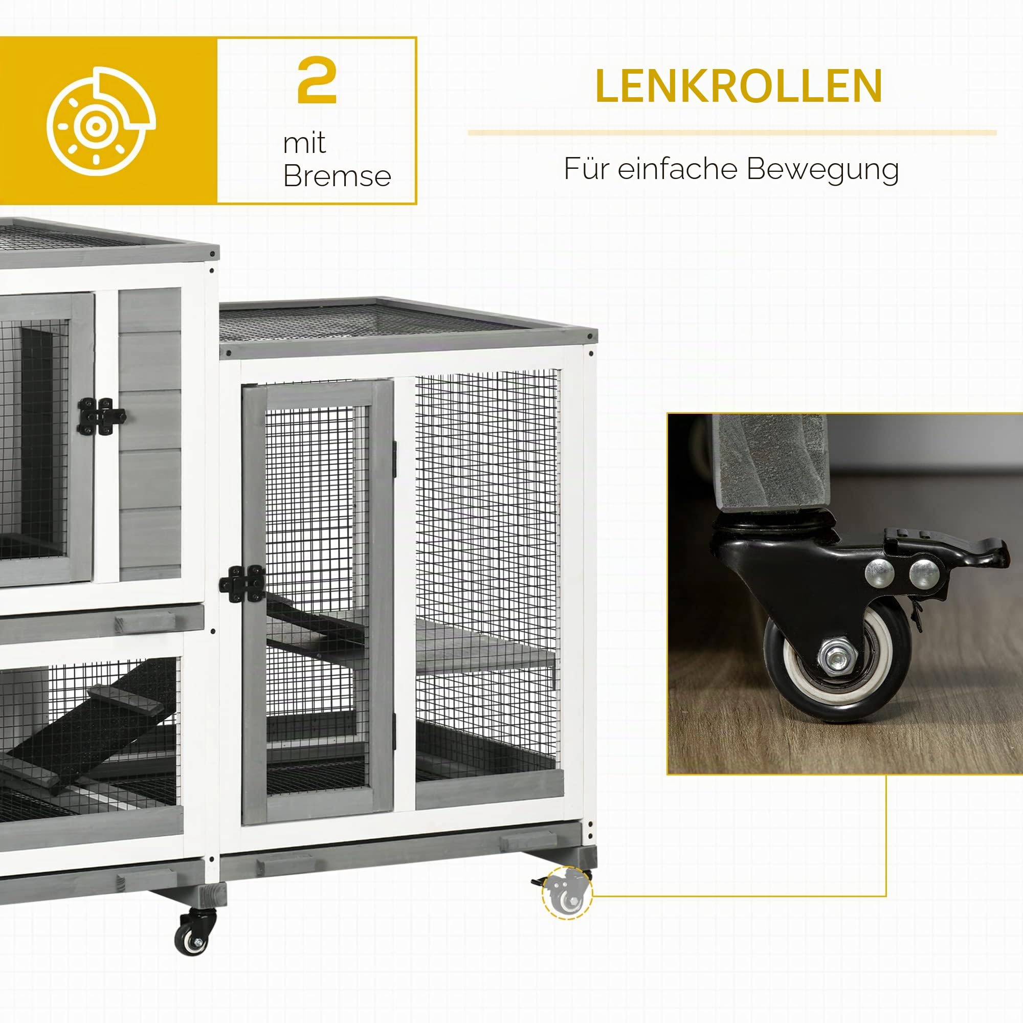 PawHut Innen-Kaninchenstall 3-stöckig mit Laufbereichen und Rädern grau