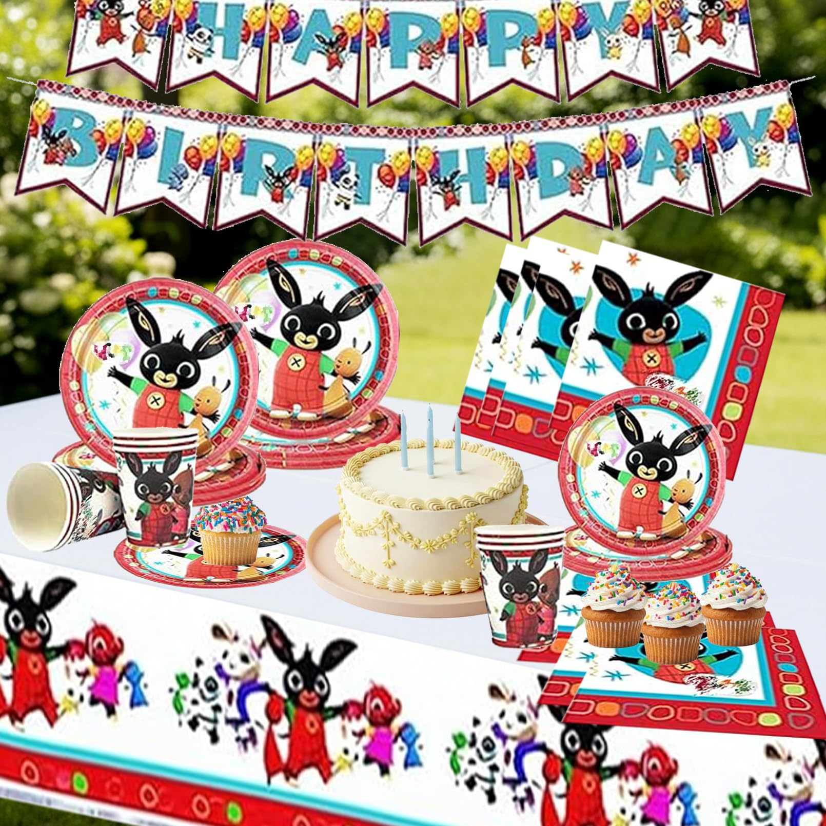82 Pezzi Bunny Stoviglie per Feste di Compleanno，Addobbi Compleanno Bunny，Tovaglia，Striscione，Piatti Carta，Adatto a 20 persone