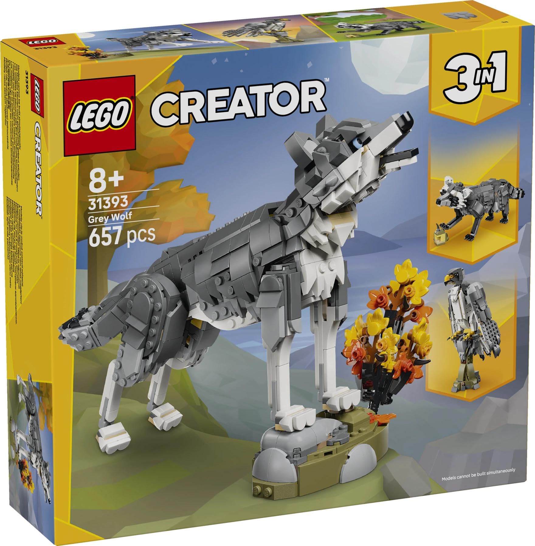 LEGO Creator 3-en-1 Les Animaux de la Forêt : Le Loup Gris - Jouet - Figurine d'animal se Transformant en Faucon ou Raton Laveur - Décoration DIY - Cadeau d'anniversaire Fille ou Garçon 8 Ans 31393