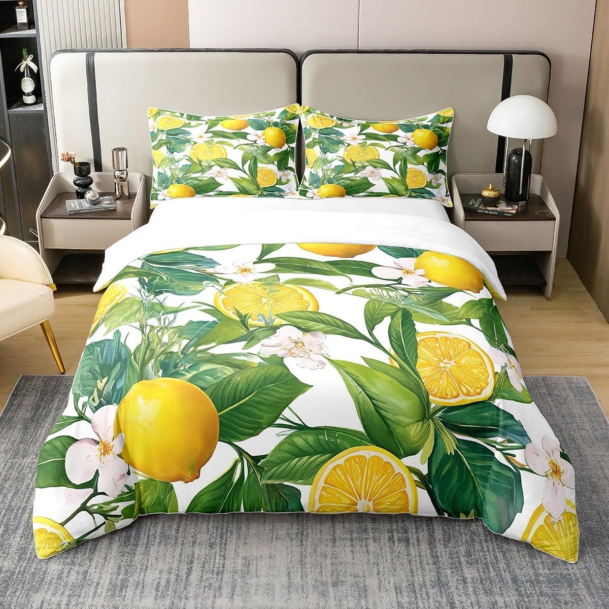 Queen Size 100% Cotton Lemon Duvet Cover Yellow Fruits Tropical Style Bedding Set Summer Lemon Comforter Cover White Green Yellow Bedspread Cover Room Decor Bedclothes Zipper,No Comforter