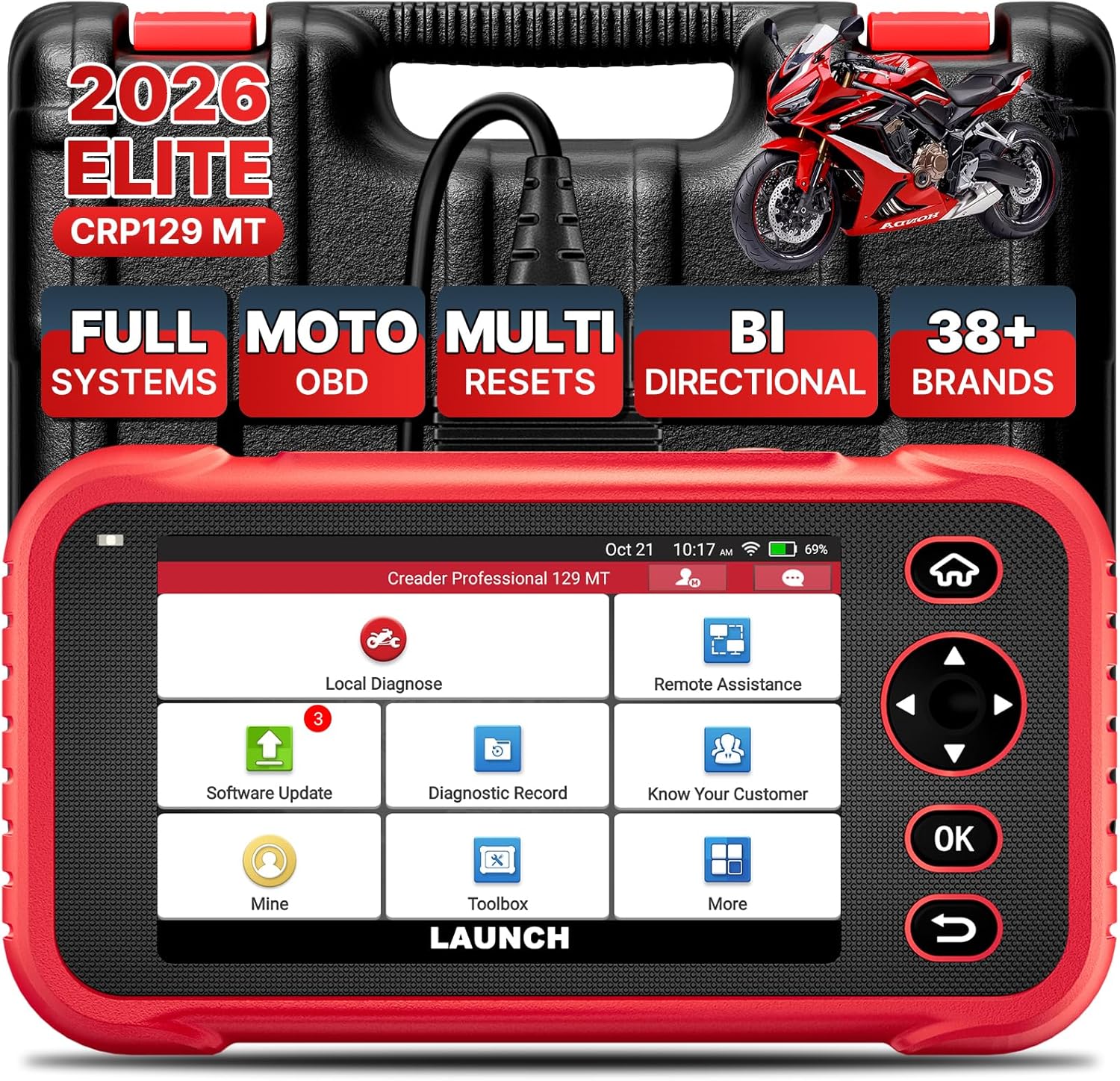 LAUNCH CRP129MT Pro Motorcycle Scanner,Fully Functional Bidirectional Scanner with Multi Resets,38+ Brands,Motorcycle scan Tool Fits for Harley, Honda, Yamaha, Indian,Suzuki,Polaris,Victory,BMW & More
