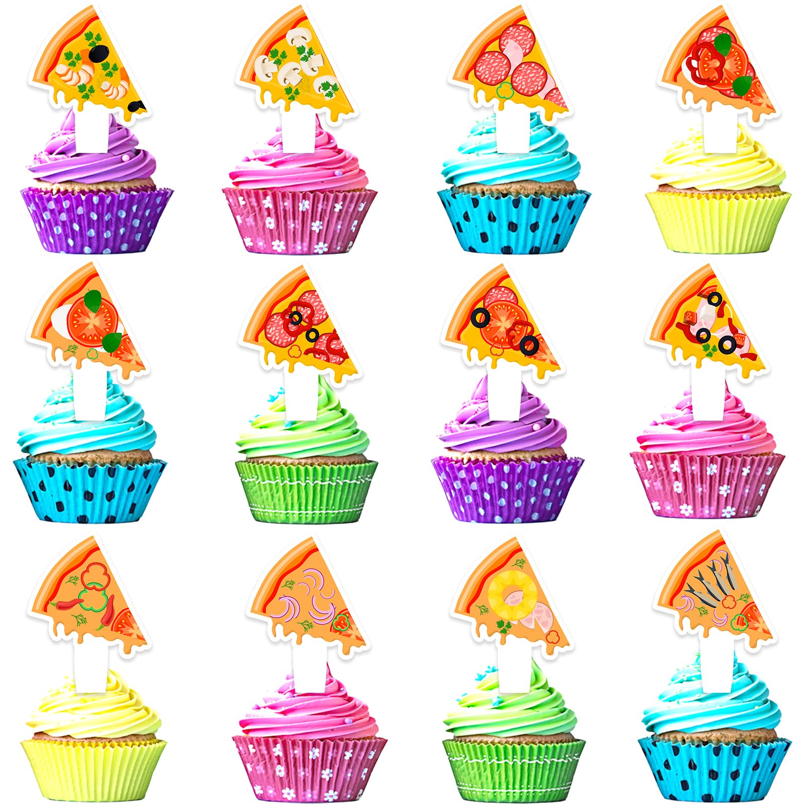 24 Pieces Pizza Cupcake Toppers Pizzeria Happy Birthday Slice Decorations, Themed Birthday Party for Boys and Girls, Pizza Party or Baby Shower Party