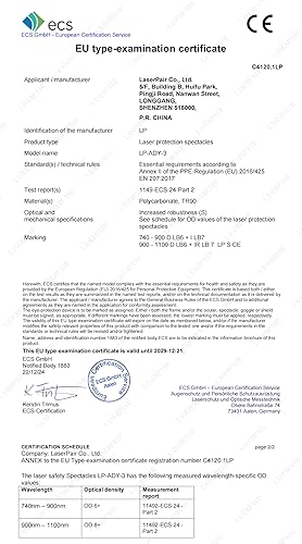 Miniatura 2 de LaserPair - Lentes de seguridad láser de alta protección 900-1100nm OD8+ DIN4 para láser de fibra, soldadura láser de mano (modelo: LP-ADY-3)