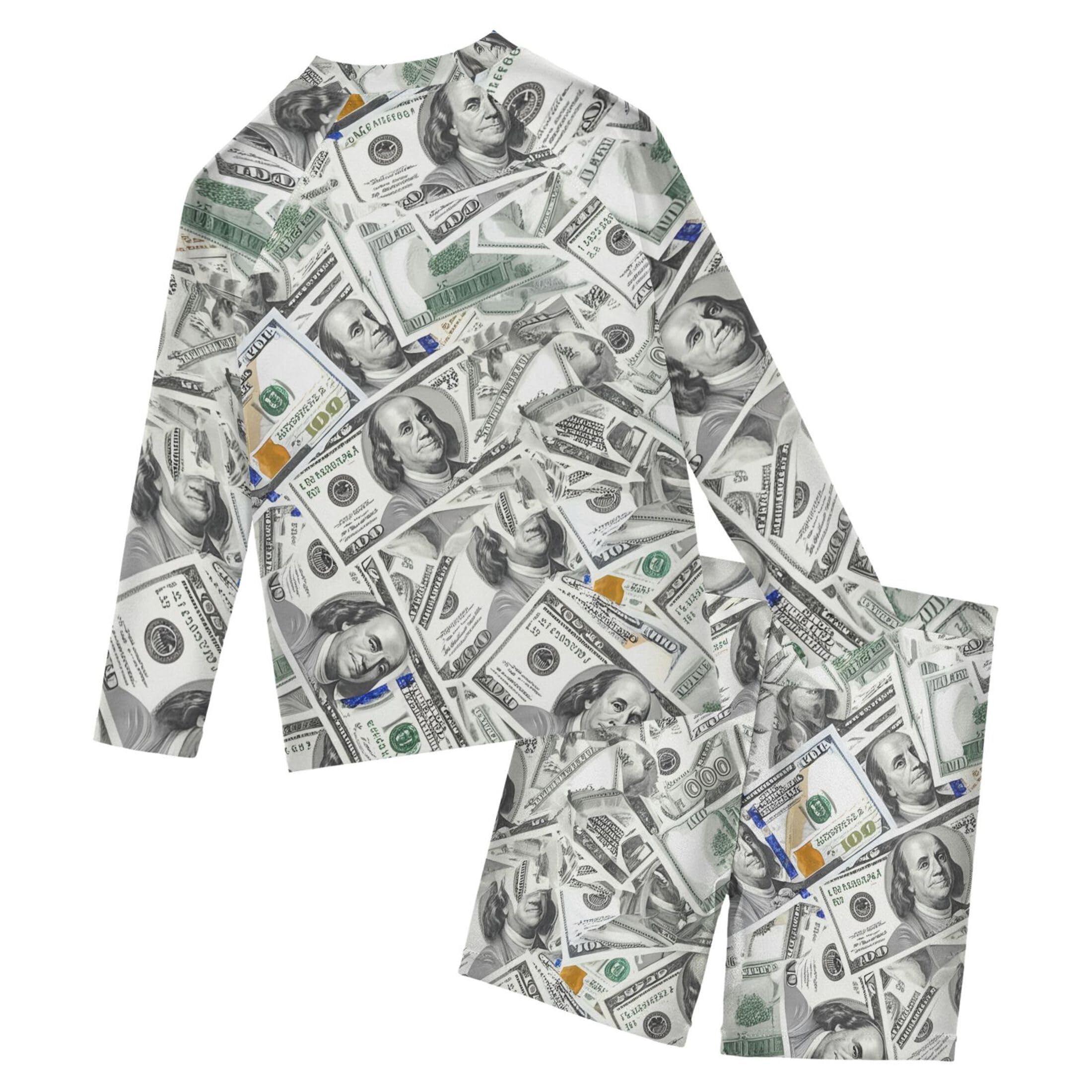 Paper Money Hundred Dollar Bills Baby Boys' Toddler Long Sleeved Rashguard Swim Bathing Suit Set B0405094
