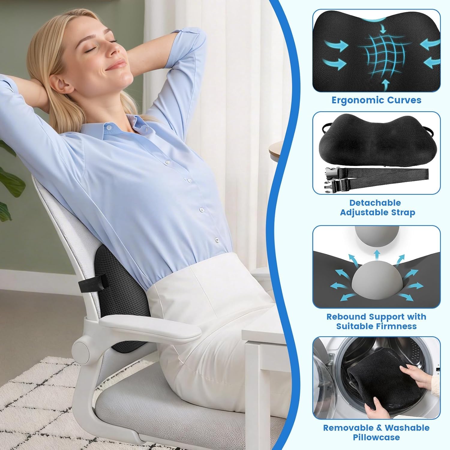 Lumbar Support Pillow for Office Chair, Memory Foam Lower Back Support, Ergonomic Lumbar Pillow with Adjustable Strap, Breathable Cover (Black)