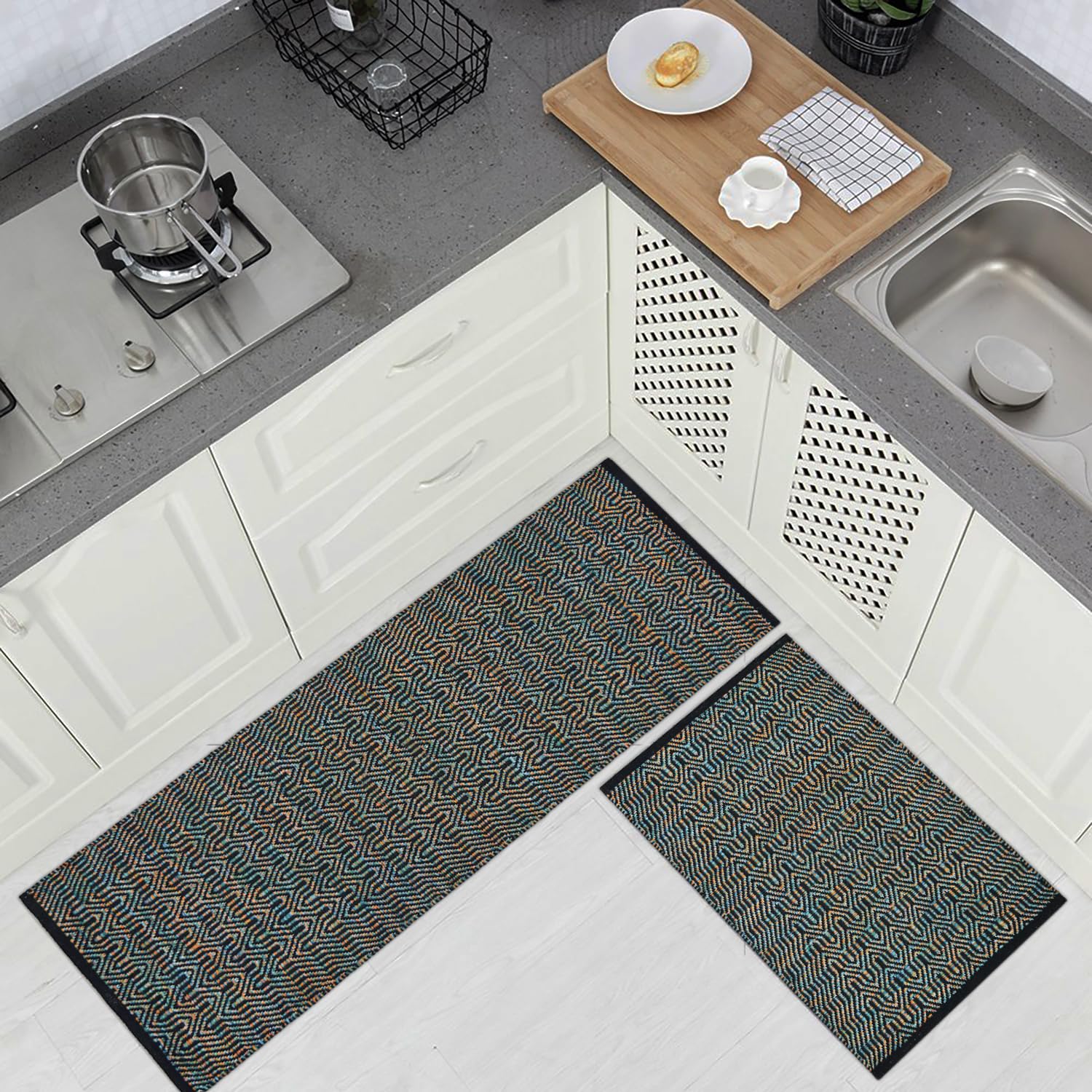 house of handmade™- Anti Slip Kitchen Mat Combo- 2 Pieces (Runner+Mat) Size- 50X140 & 50X80 cm, Handwoven Cotton Floor Rugs, Machine Washable. Black Melange