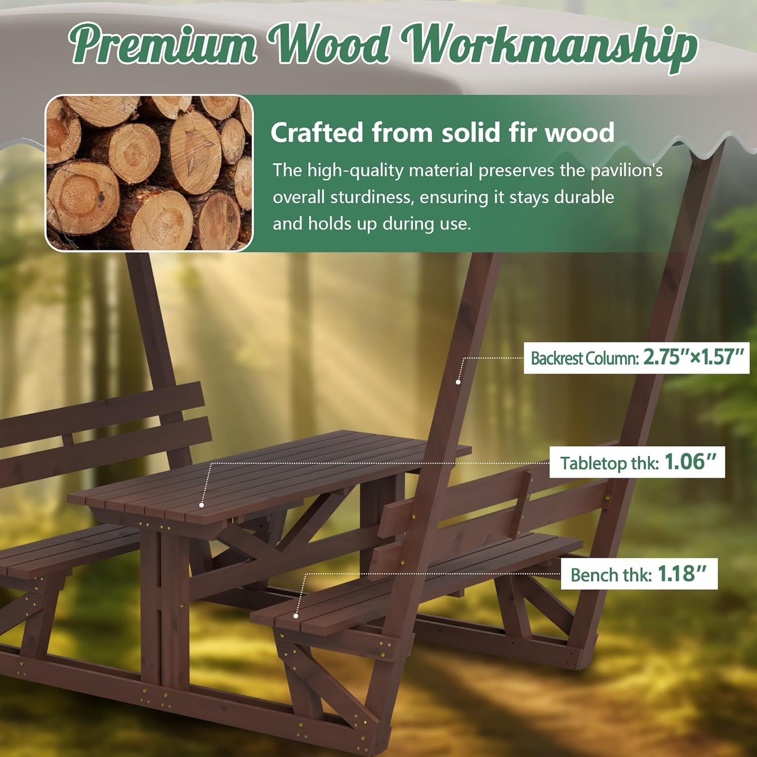 Wooden Outdoor Picnic Table and Chair Set with Two Built-in Benches, Suitable for 4–6 Adults. Solid Wood Patio Table with a Sunshade, Perfect for backyards, Parks, Beaches, and Holiday Gatherings.