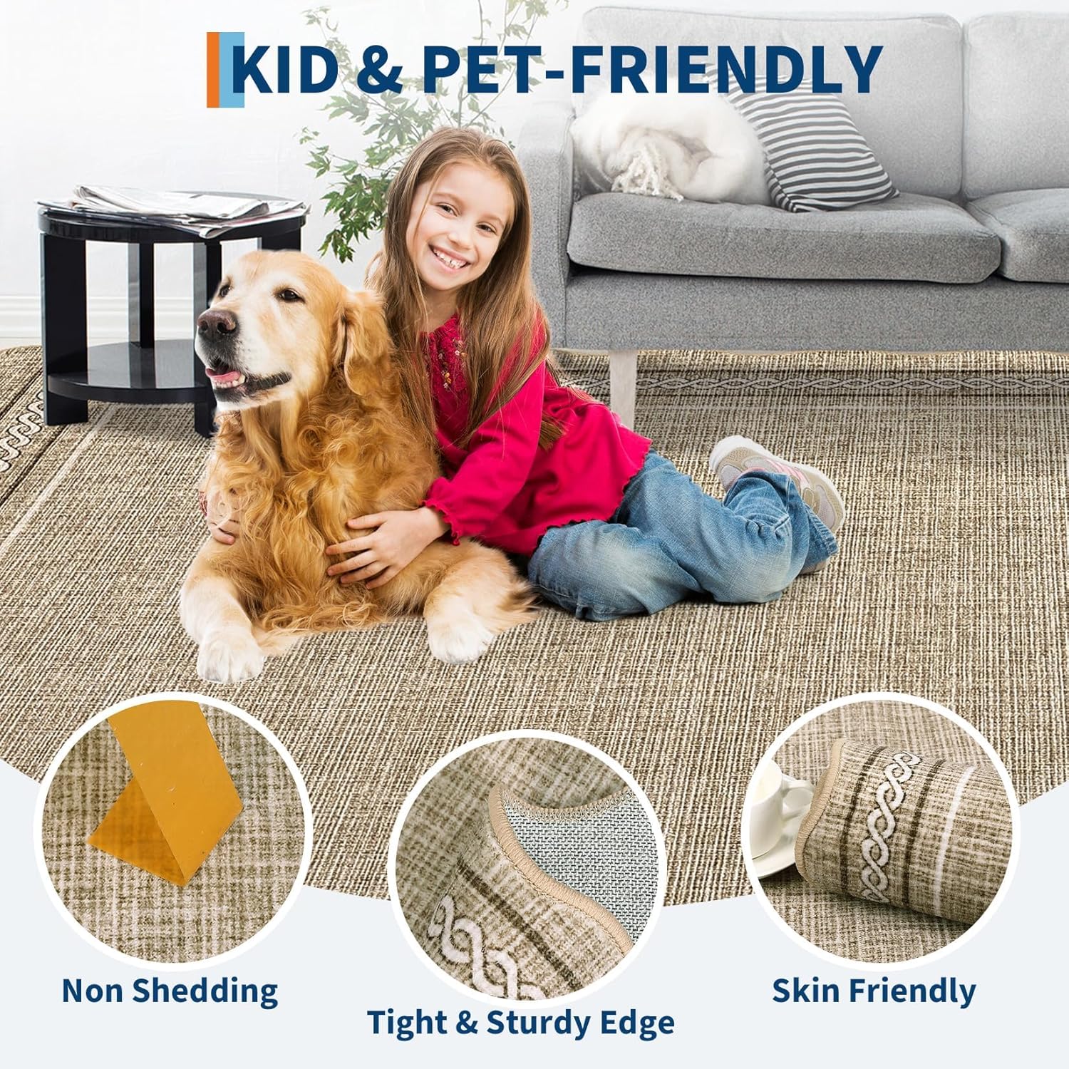 Garvee Washable Entryway Rug 4x6 Area Rugs Non Slip Living Room Area Rug Modern Neutral Nursery Rug Soft Non Shedding Low Pile Stain Resistant Carpet for Playroom Bedroom Front Door, Jute Color