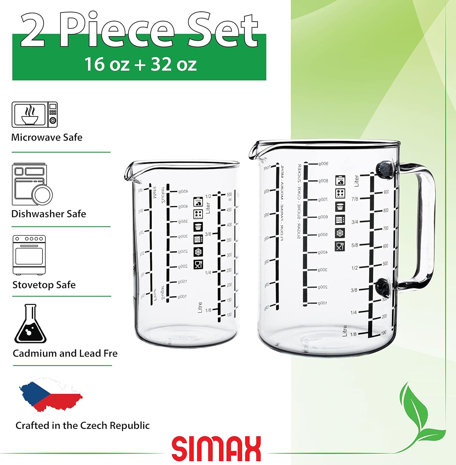 Simax Glass Measuring Cup, Durable Borosilicate Glass, Pack of 2 includes 32 oz and 16 oz Easy to Read Metric Measurements in Liter, Milliliter, Ounce, Sugar Grams, Drip Free Spout, Microwave Safe