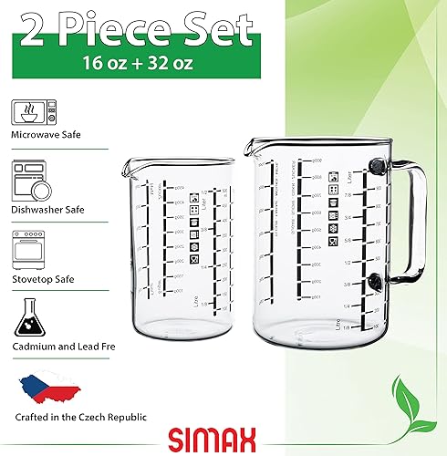 Miniatura 2 de Simax Vaso medidor de vidrio, vidrio de borosilicato duradero, medidas métricas fáciles de leer en litros, mililitro, onzas, gramos de azúcar,