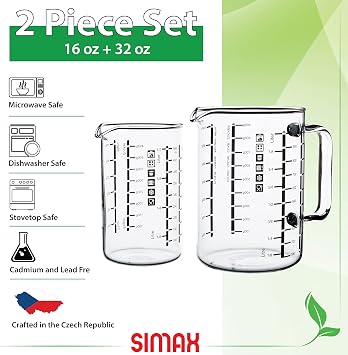 Simax Glass Measuring Cup, Durable Borosilicate Glass, Pack of 2 includes 32 oz and 16 oz Easy to Read Metric Measurements in Liter, Milliliter, Ounce, Sugar Grams, Drip Free Spout, Microwave Safe