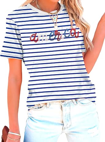 American Flag Shirt for Women Sequin USA Stripes T-Shirt 4th of July Patriotic Tee Tops