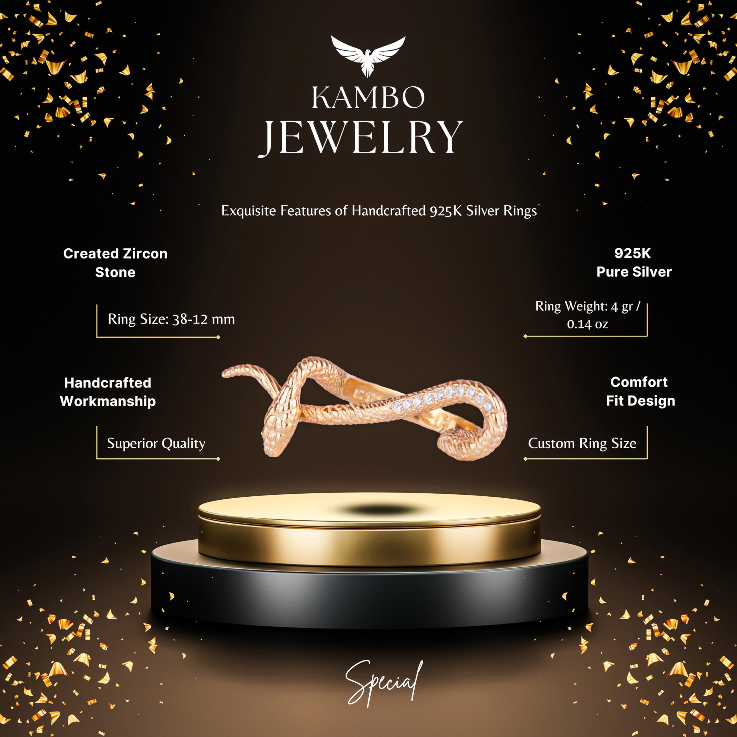 KAMBO Anillo de plata de ley 925 para mujer, diseño de serpiente chapado en oro, elegante pieza de declaración, plata, sin piedras preciosas, Sin piedras preciosas