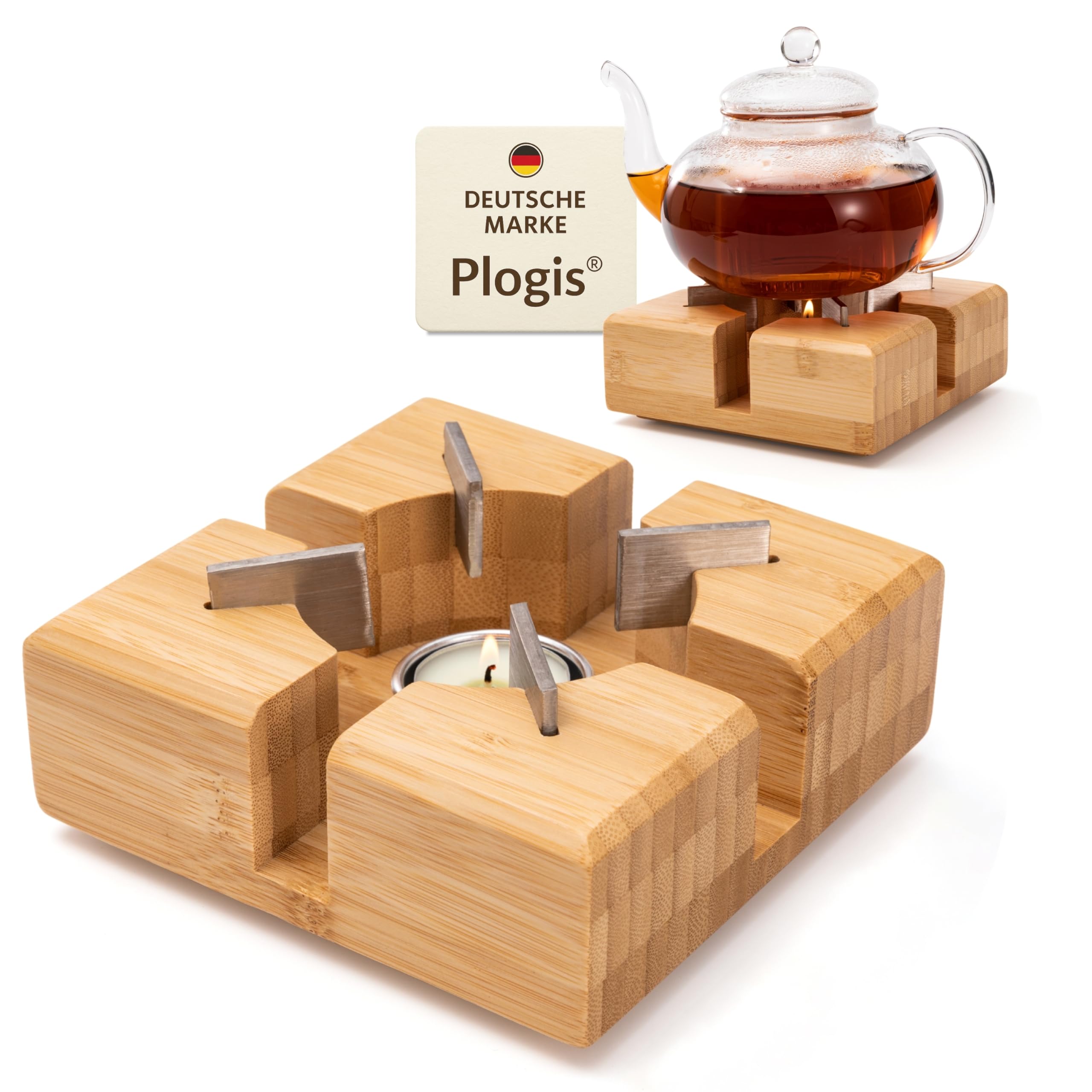 Plogis® Bambus Stövchen – Handgefertigter Teewärmer aus massivem Bambus | Stövchen für Teekanne & Geschirr | Teestövchen Holz mit Teelicht | 15×15 cm | Sicherer Halt Dank Metalleinsätzen