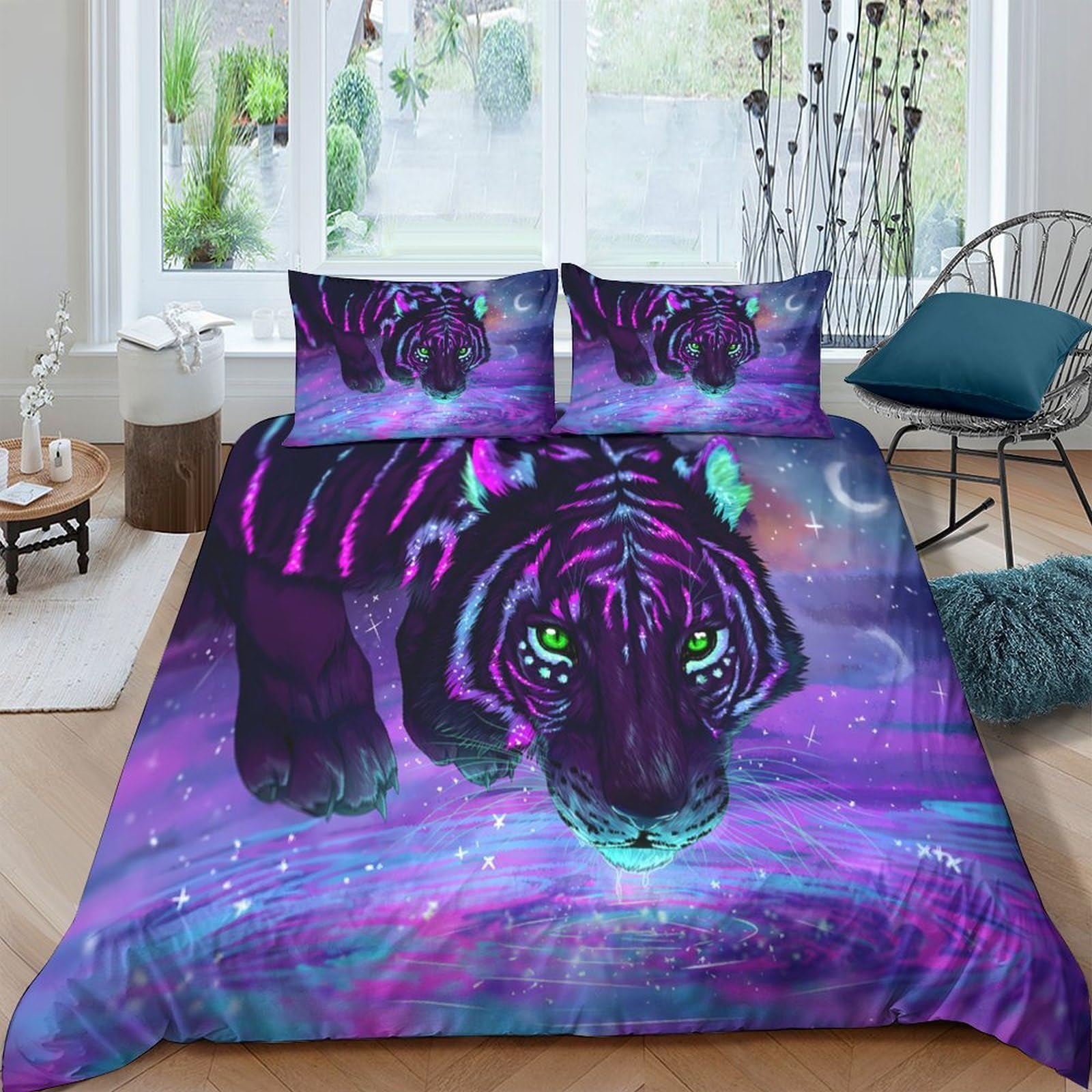 Ctjqhvkz Style-3 3D Printed Neon Tiger Fitted Sheet Microfiber Soft Breathable Purple Fantasy Bed Cover For Bedroom Guestroom Decor Single（135X200cm）