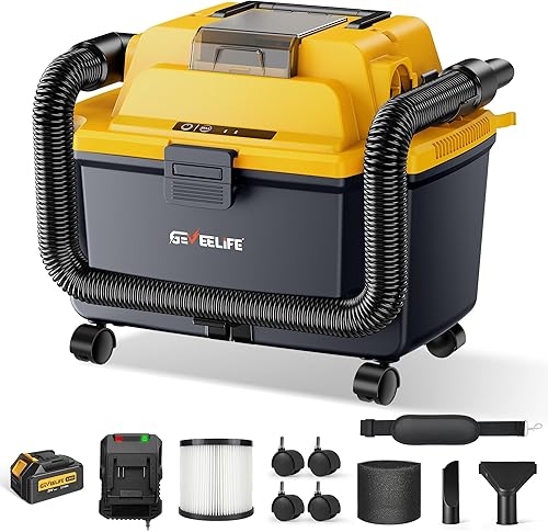 GEVEELIFE Aspiradora inalámbrica para tienda húmeda y seca, 4.3 galones con batería de 5.0 Ah, cargador rápido, filtro HEPA, correa y ruedas,