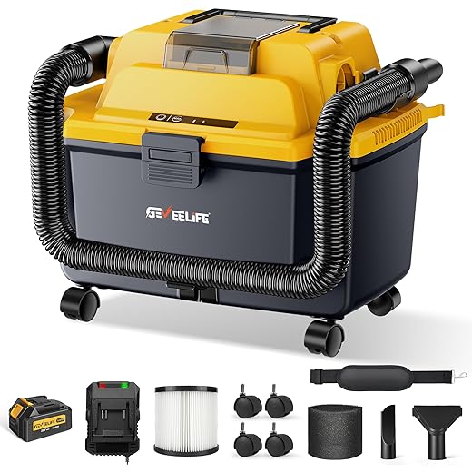 GEVEELIFE Cordless Shop Vac Wet and Dry, 4.3 Gallon Shop Vac with 5.0Ah Battery Powered, Fast Charger, HEPA Filter, Strap & Wheels, 3-in-1 Wet Dry Vacuum Cleaner for Garage, Car, Workshop