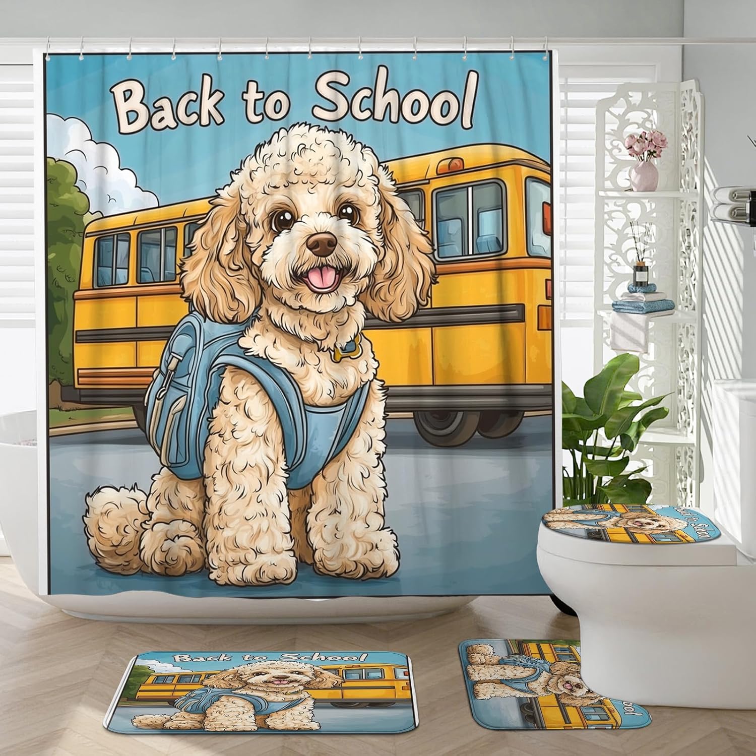4PCS Poodle Dog School Bus Bathroom Accessory Sets with Non-Slip Rug, U Shape and Toilet Lid Cover Mat, Fun Back to School Puppy Bathroom Decorative-72''x72''