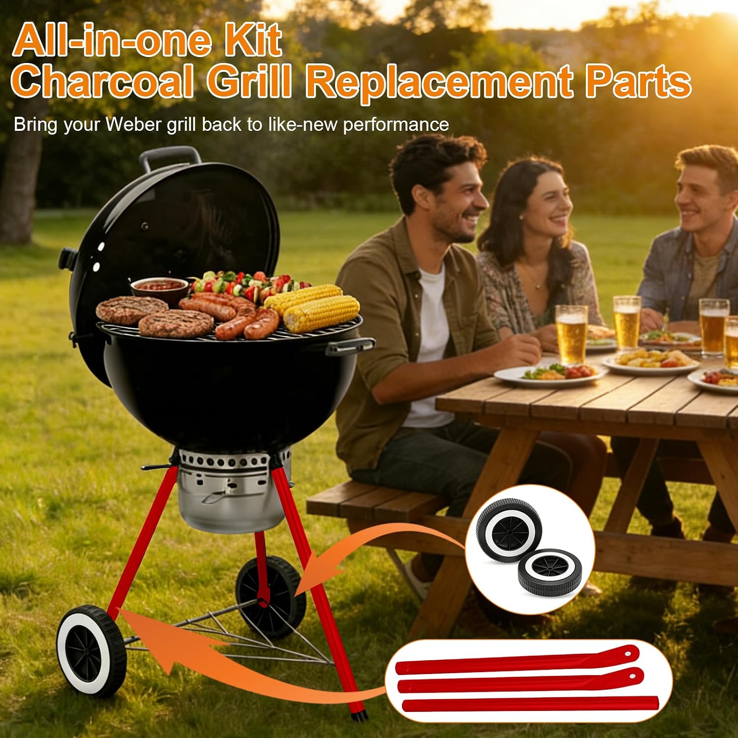 Red Front Leg Kit With 6" Wheels, Parts for Weber 18/22" Kettle Grill