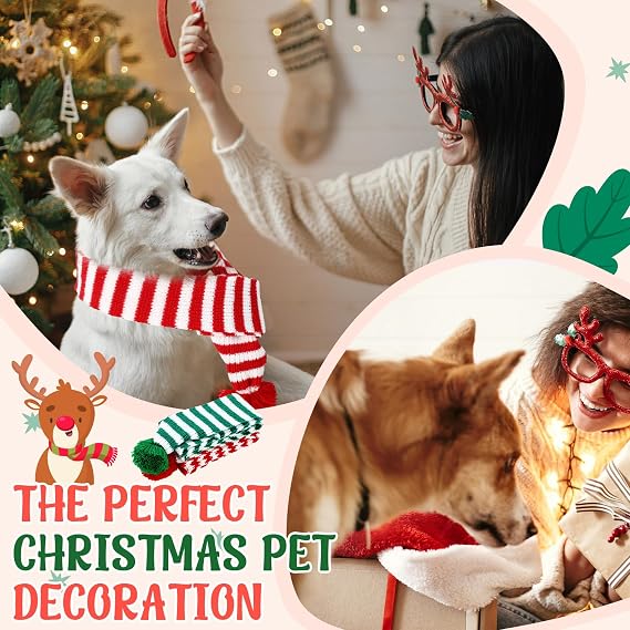 Sanwuta 2 Pcs Christmas Dog Knitted Scarf Santa Scarf Dog Bandanas with Pompom Pet Winter Neck Warmer Costume for Dress up Xmas Cute Costume(Red, White, Green)