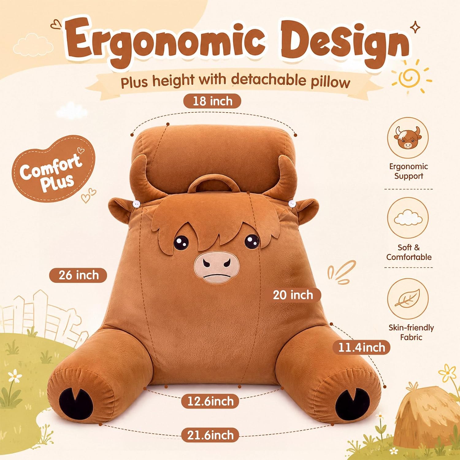 Highland Cow Reading Pillow for Bed Large Crystal Velvet Back Pillow with Removable Headrest Soft PP Cotton Filled Sitting on Sofa Floor Dorm for Adult Gaming Lounging Watching