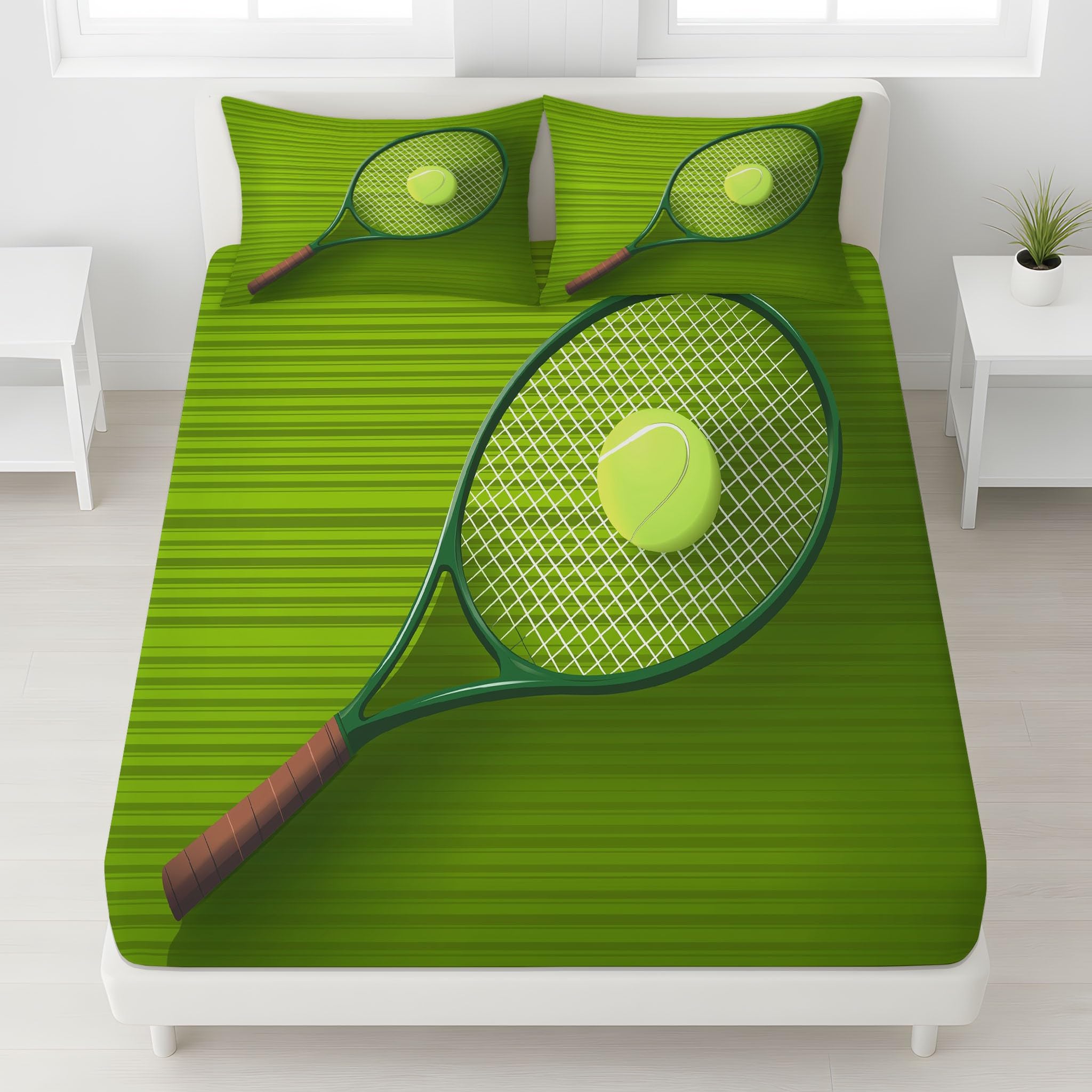 King Fitted Sheets - Bed Sheets Breathable Microfibre Bedding Sets 160 x 200 cm, Sports Grass Tennis Rackets Balls Green Stripes, Hyper-Realistic Retro Vitality, Sports Enthusiasts Teenagers