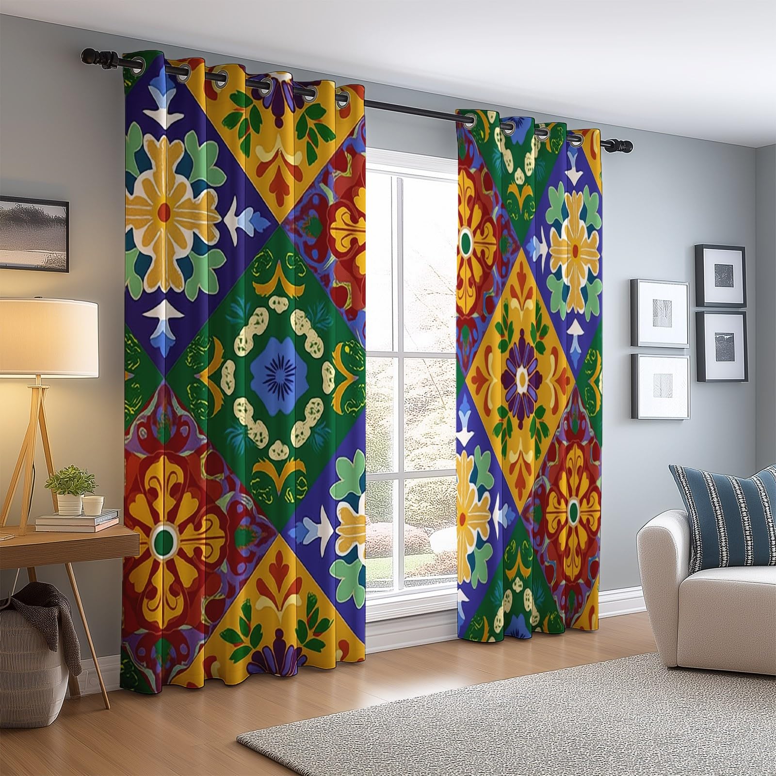 Rideaux Isolants 110L X 215H cm (2 Panneaux), Design Géométrie Mexicaine Rétro, Tenture Opaque Anti-Chaleur pour Chambre Principale, Coloré