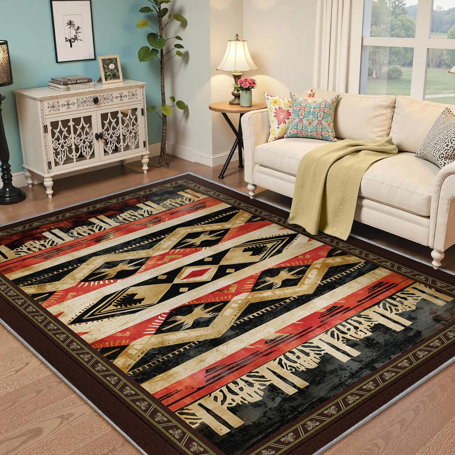 Tapis aztèques pour salon 80x150cm au motif géométrique amérindien rustique