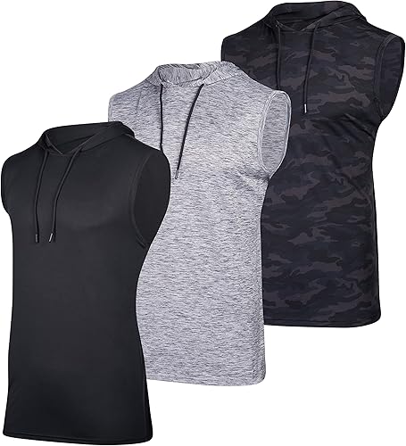 Real Essentials Paquete de 3 Camiseta sin mangas con capucha para hombre Dry-Fit Active - Sudadera con capucha sin mangas con cordón (disponible en