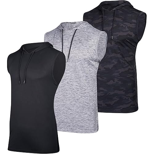 Real Essentials 3 Pack: Mens Dry-Fit Active Hooded Tank Top - Workout Sleeveless Hoodie Drawstring (Available in Big & Tall)