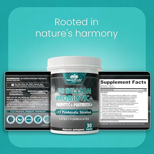 Miniatura 9 de NaturaLife Labs Probióticos 70 mil millones de CFU – 15 cepas con prebiótico y postbiótico orgánico – Fórmula 3 en 1 – 30 cápsulas veganas
