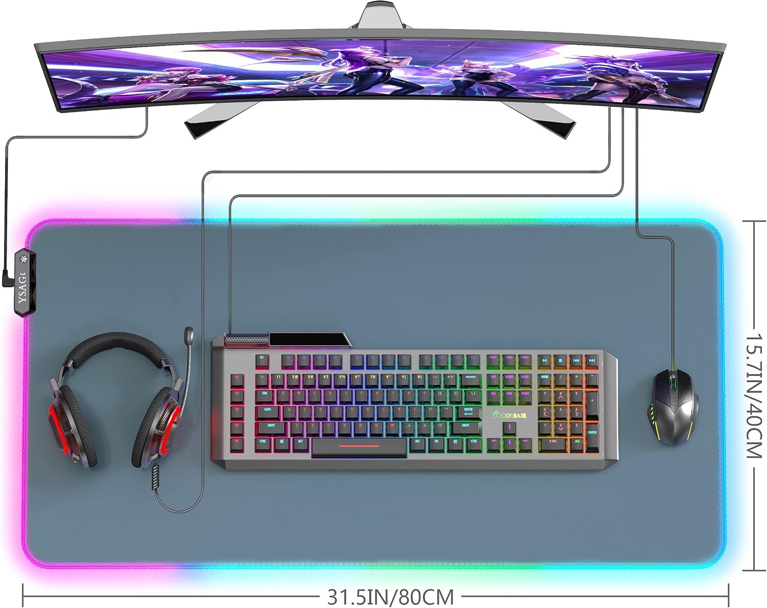 YSAGi RGB Gaming Mouse Pad, Multifunctional Gaming/Office Desk Pad, PU Leather Waterproof Surface, Computer Keyboard Mouse Mat, Non-Slip Rubber Base(Deep Sea Blue, 31.5'' x 15.7'')