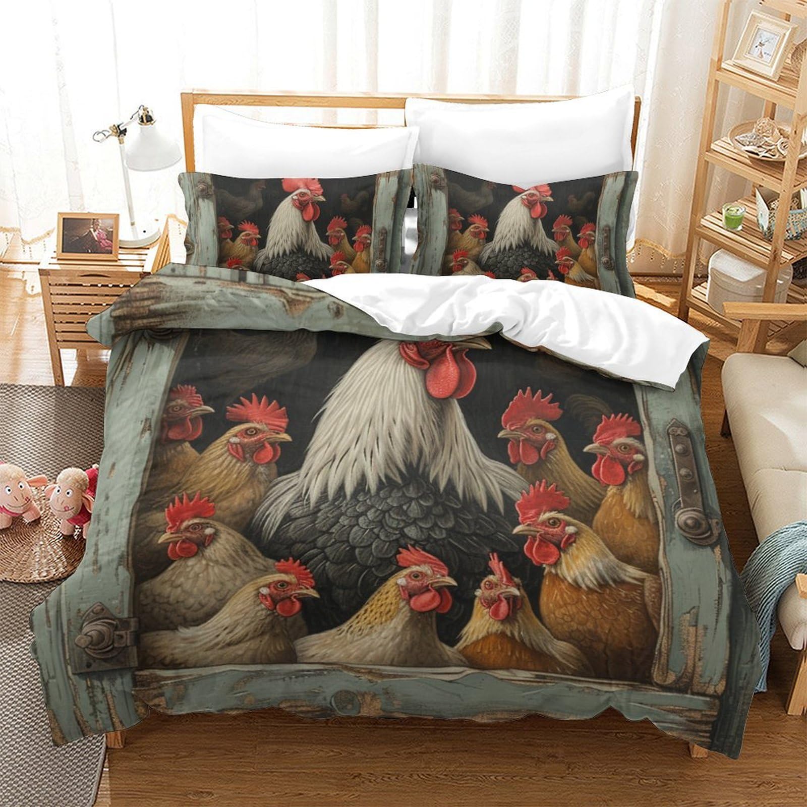 Housse de couette 220x240 coq 3D avec ses deux taies d'oreiller en microfibre pour lit King