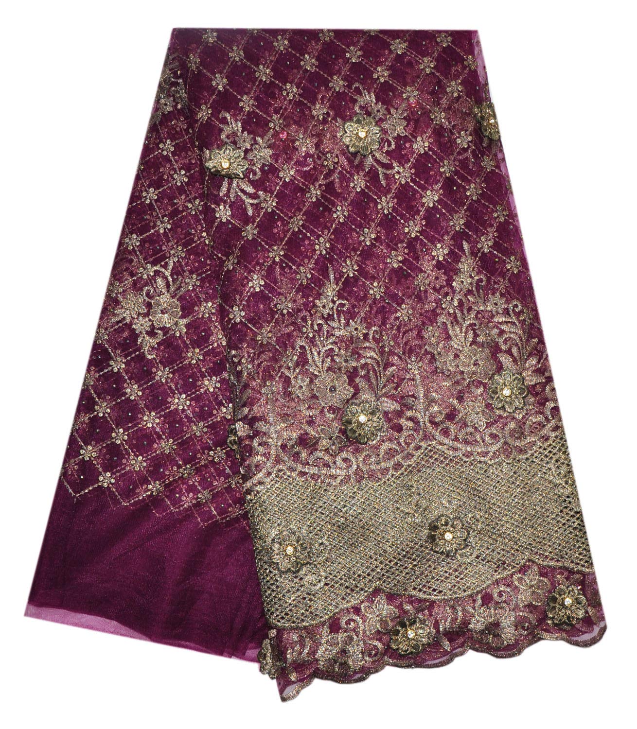 SanVera17 Manual Beading African Lace Net Fabrics Nigerian Saree Fabric Embroidered and Guipure Cord Lace for Party Wedding (Jujube) 5 Yards