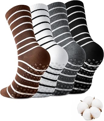 Pilates Socks with Grips for Women 4 Pairs Cute Non Slip Yoga Crew for Yoga Barre Hospital Barefoot Workout