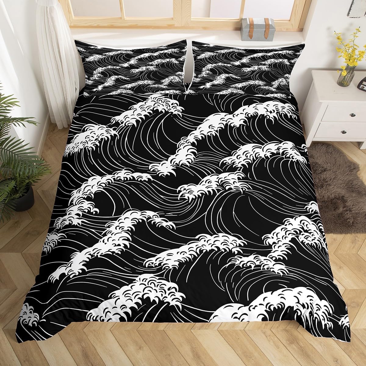 jejeloiu Japanese Wave Duvet Cover Full Size Kids Ocean Wave Comforter Cover Set for Boys Girls Teens Japanese Ukiyoe Bedding Set Breathable Sea Waves Bedspread Cover Black White Quilt Cover