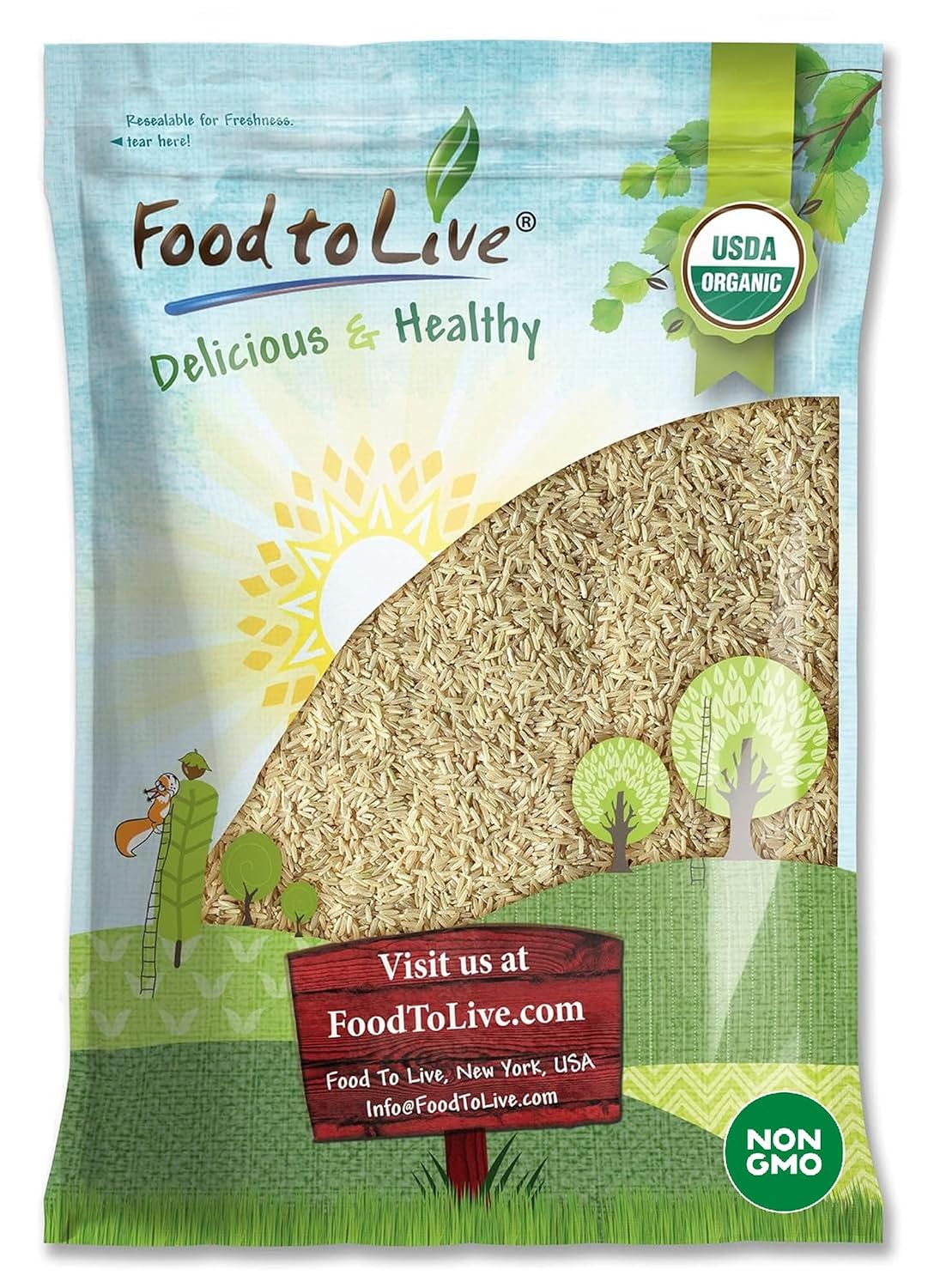 Food to Live Organic Brown Jasmine Rice, 5 Pounds – Non-GMO, Whole-Grain Rice, Long-Grain Variety, Non-Irradiated, Kosher, Vegan. Rich in Fiber. Perfect for Curries, Pilafs, and Desserts