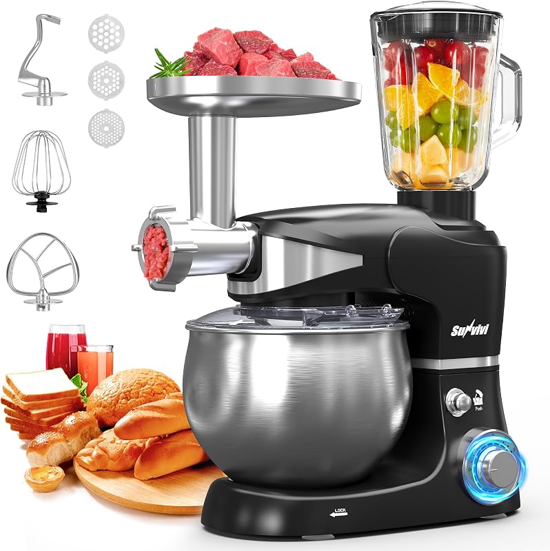 Batidora de pie con cuenco de 6,5 QT: batidora de cocina eléctrica de 400 W con gancho de masa, batidora y batidora, procesador de alimentos 3 en 1 y accesorio para picar carne, para hornear, pan, pasta, galletas