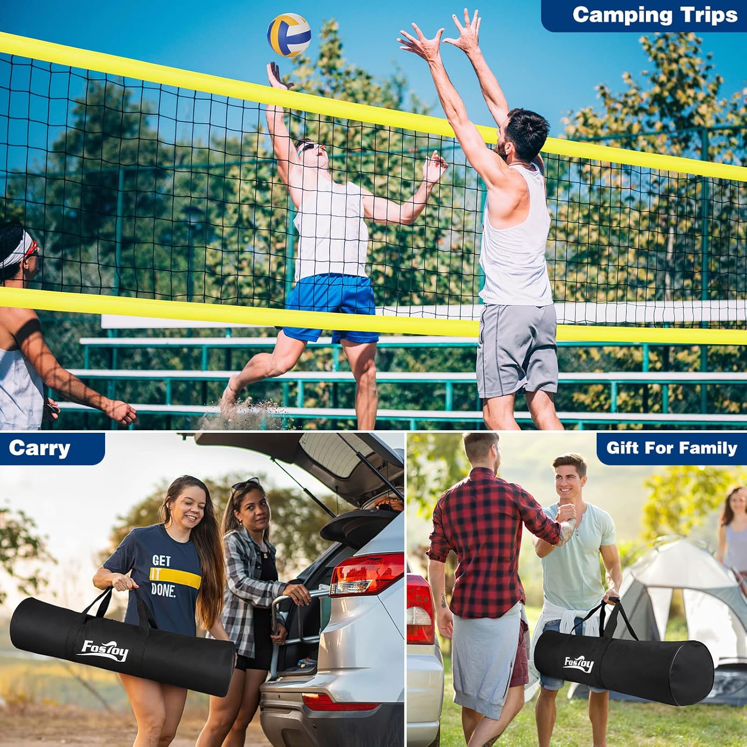 Fostoy Volleyball Net Outdoor, Professional Portable Volleyball Net Set with Adjustable Height Poles, Anti-Sag System, Soft Volleyball, Pump, Boundary Line and Carrying Bag for Backyard, Beach, Lawn