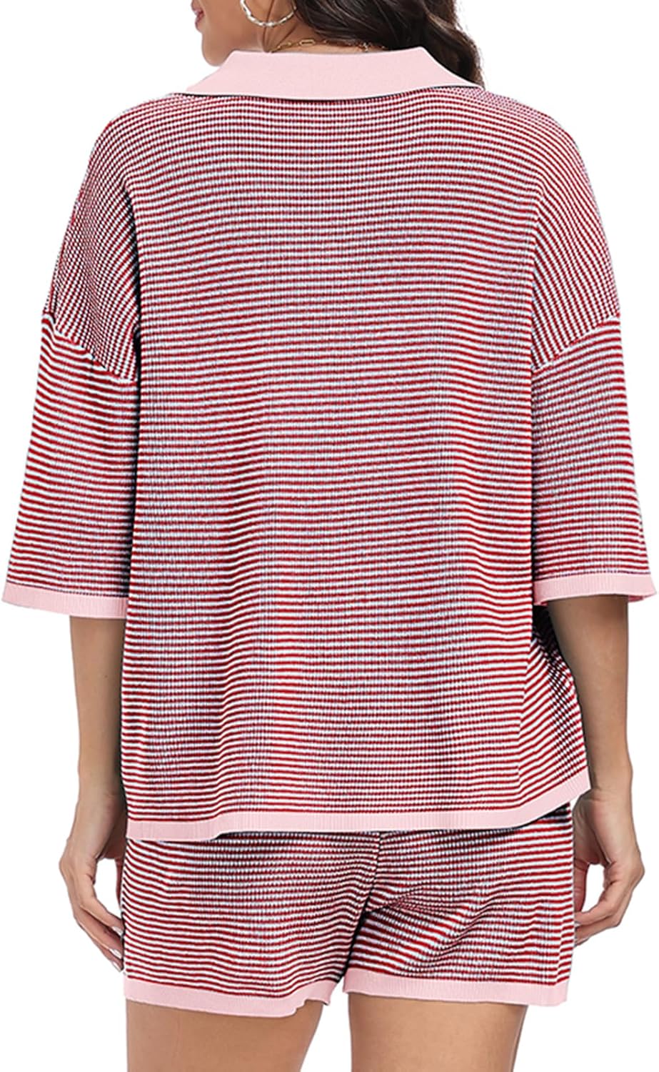 SeSe Code Striped Sweater 2 Piece Short Sets for Women, Oversized Knit Lounge Outfits for Summer Casual 2025 - Image 7