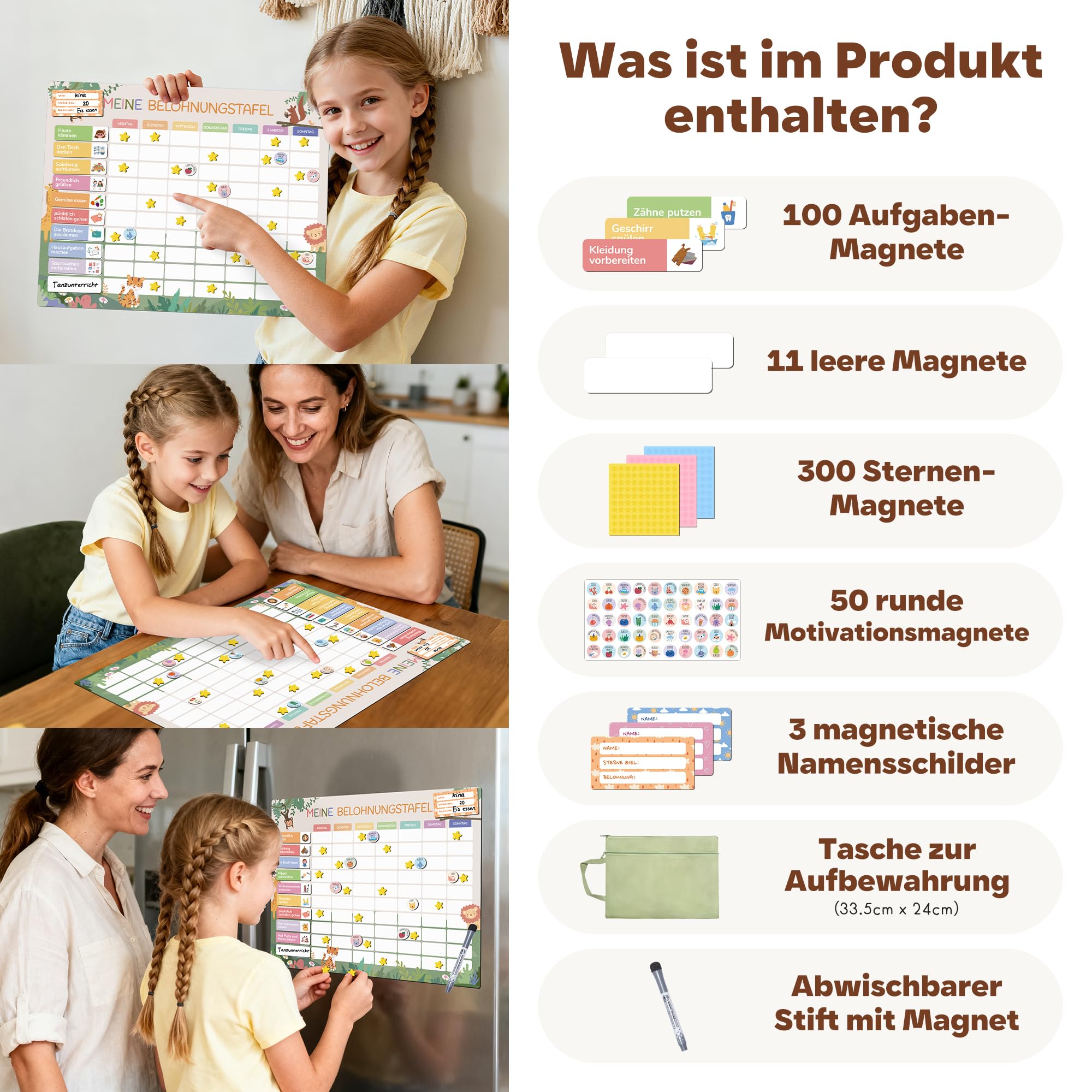 BIROYAL Belohnungstafel Kinder - [100 Aufgaben + 350 Magnete] - Belohnungssystem Kinder - Belohnungstafel Kind s ab 4 - Montessori Magnettafel - Wochenplaner, Adhs Hilfsmittel - inkl. Tasche, Stift