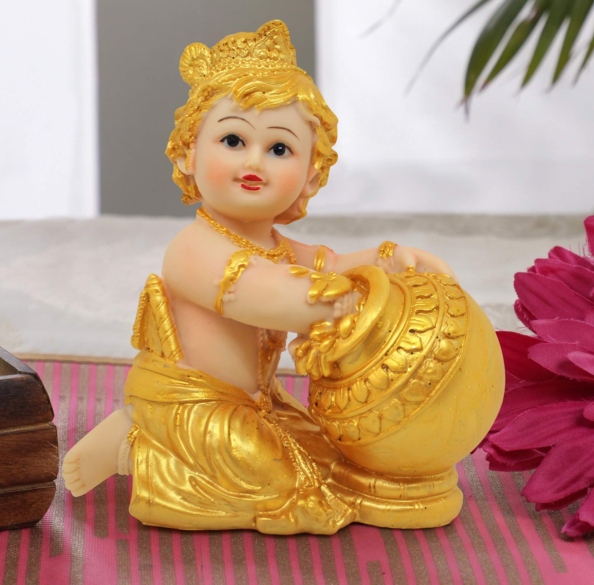 TIED RIBBONS Gold Plated Krishna Idol Statue Figurine Showpiece Decorative Items for Home Decoration Pooja Room Living Room Bedroom Office Gifting (Gold), 13.9 cm, 6.3 cm