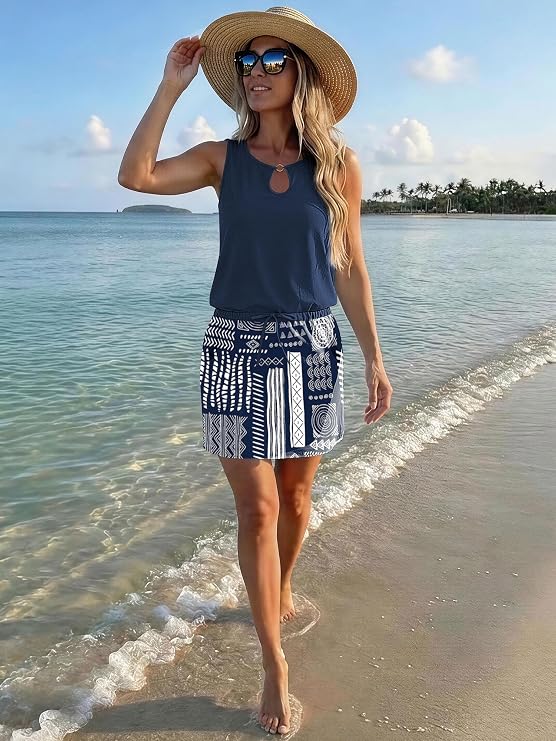 SAUKOLE Womens Summer Causal Loose Sleeveless Crew Neck Drawstring Waist Mini Short Dress with Pockets