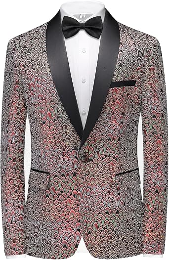 Mens Jacquard Tuxedo Jacket Satin Shawl Lapel Slim Fit Prom Blazer