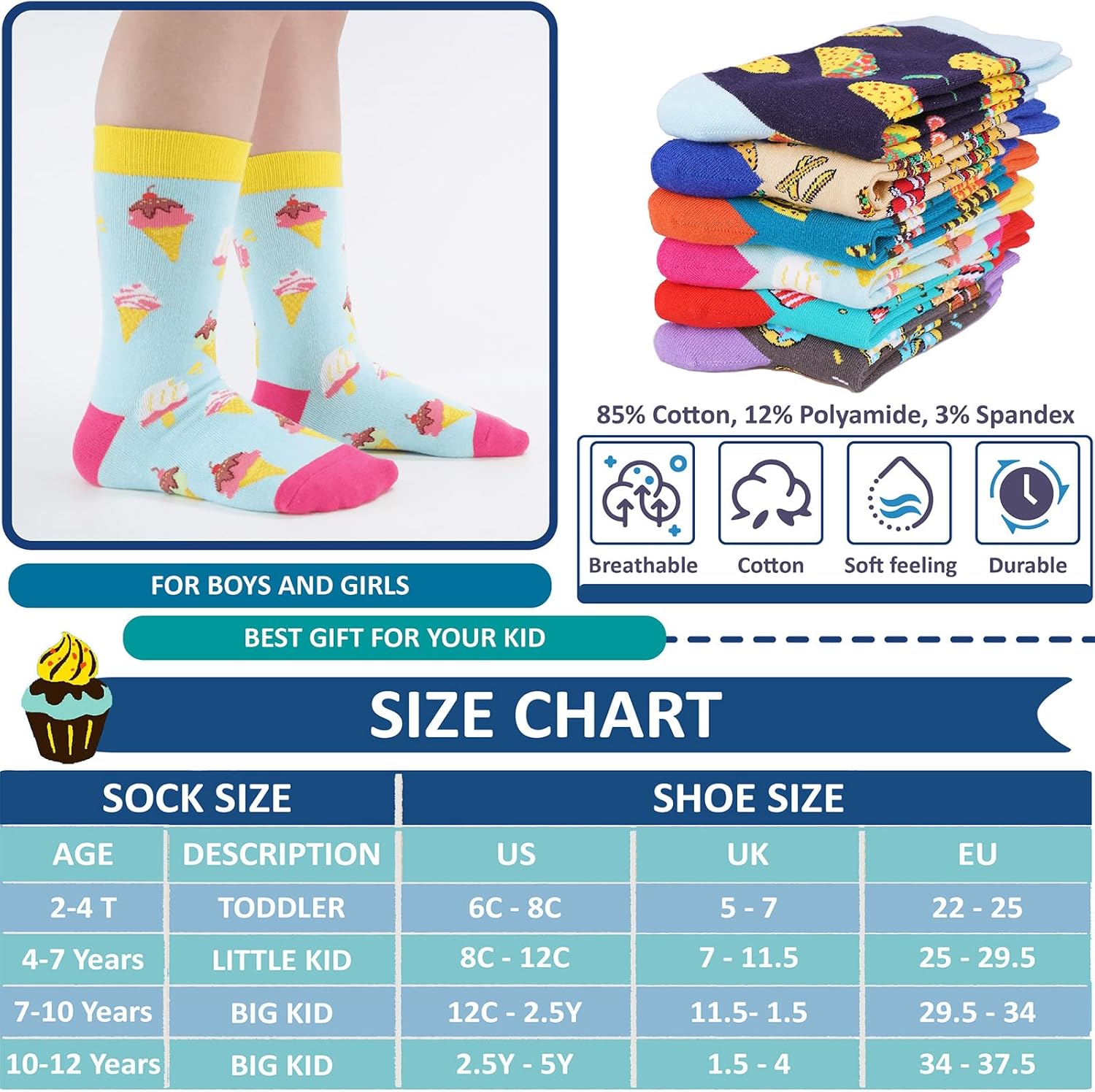 Kids Boys Girls Novelty Crew Socks, Funny Colorful Toddler Calf Socks for 2-18 Years Old - Image 6