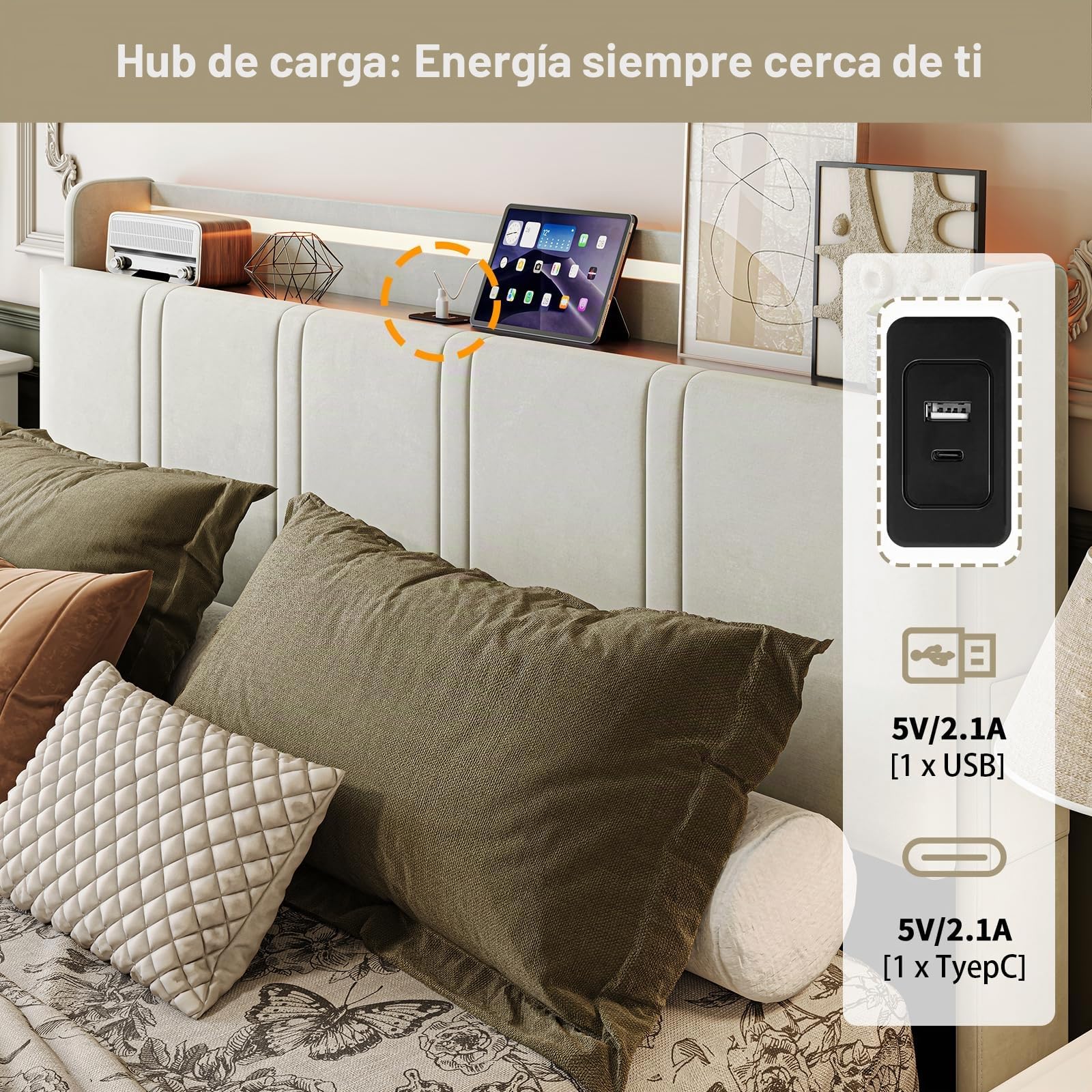 Camas Matrimoniales 160x200 con Tira LED y USB C, Cama Tapizada en Terciopelo con Cabecero Almacenaje Multifuncional, cama Matrimonio con Somier 160x200 Madera,Marco Metálico,Estable500kg,Beige
