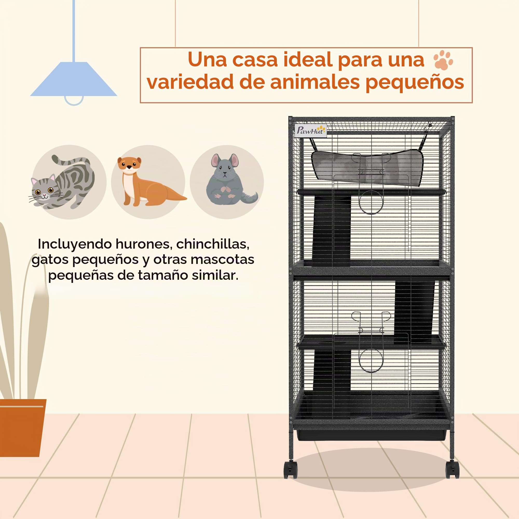 PawHut Jaula para pequeños roedores de acero, jaula para cobayas y chinchillas con 3 pisos, 4 ruedas, hamaca y bandeja extraíble, 52 x 52 x 113,5 cm, gris
